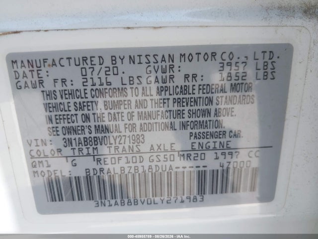 Продажа на аукционе авто 2020 Nissan Sentra S Xtronic Cvt, vin: 3N1AB8BV0LY271983, номер лота: 45955789