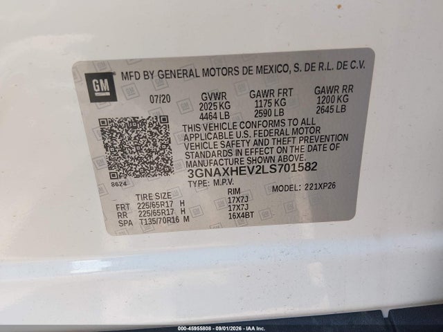 Aukcja sprzedaży 2020 Chevrolet Equinox Fwd Ls, vin: 3GNAXHEV2LS701582, numer aukcji: 45955808