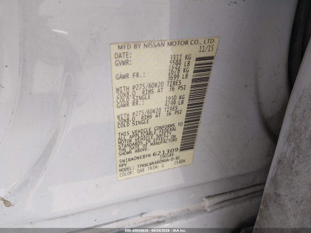 Продаж на аукціоні авто 2015 Nissan Armada Platinum, vin: 5N1BA0NE8FN621309, номер лоту: 45955834
