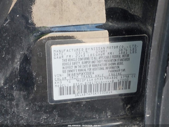2019 Nissan Sentra S მანქანა იყიდება აუქციონზე, vin: 3N1AB7AP5KY330814, აუქციონის ნომერი: 45955838
