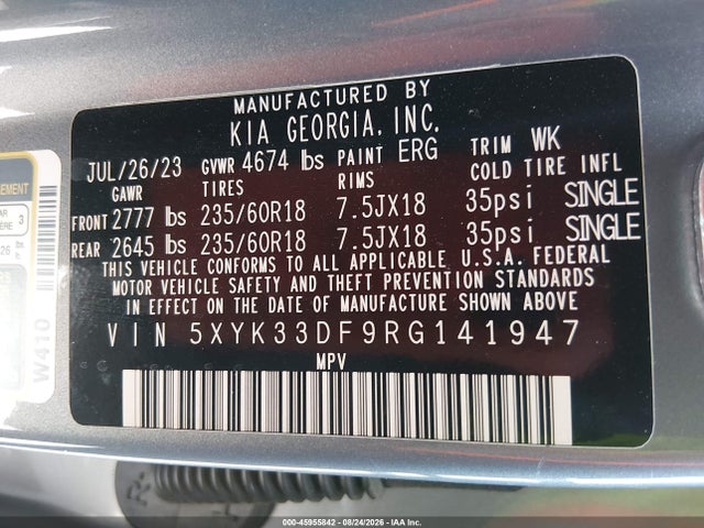 Aukcja sprzedaży 2024 Kia Sportage Ex, vin: 5XYK33DF9RG141947, numer aukcji: 45955842