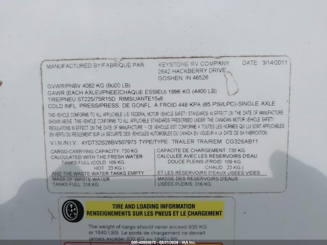45955870 :رقم المزاد ، 4YDT32S28BV507973 vin ، 2011 Keystone Rv Other مزاد بيع
