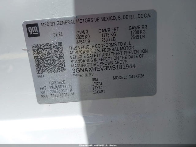 2021 Chevrolet Equinox Fwd Ls მანქანა იყიდება აუქციონზე, vin: 3GNAXHEV3MS181944, აუქციონის ნომერი: 45955871