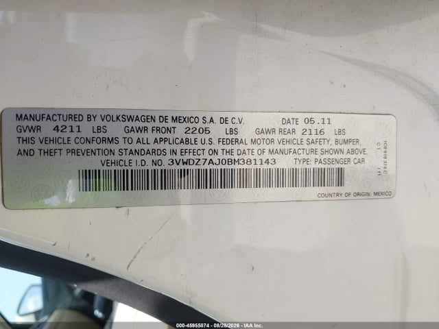 45955874 :رقم المزاد ، 3VWDZ7AJ0BM381143 vin ، 2011 Volkswagen Jetta 2.5l Se مزاد بيع