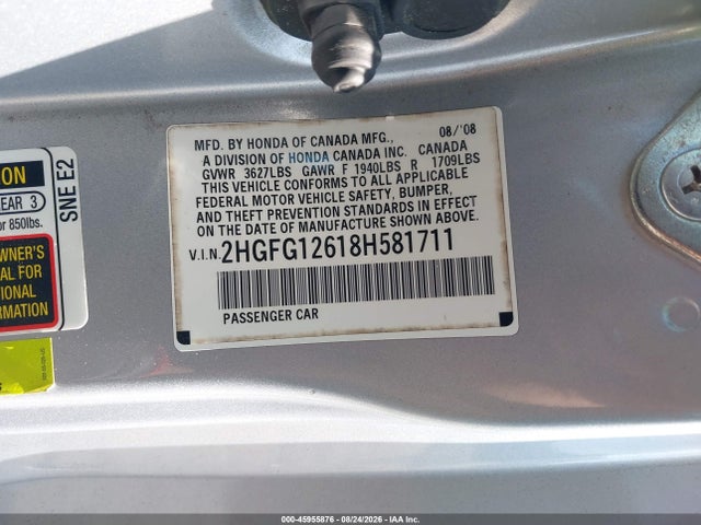 45955876 :رقم المزاد ، 2HGFG12618H581711 vin ، 2008 Honda Civic Lx مزاد بيع
