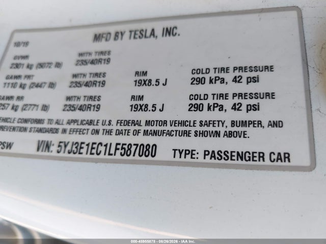 Продаж на аукціоні авто 2020 Tesla Model 3 Performance Dual Motor All-wheel Drive, vin: 5YJ3E1EC1LF587080, номер лоту: 45955878