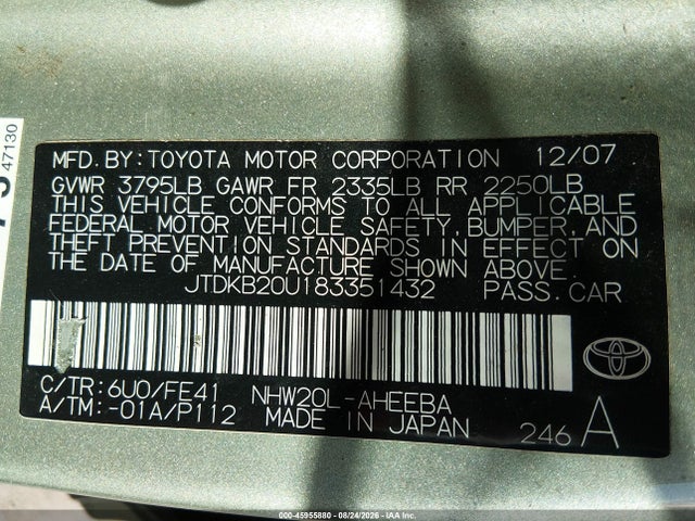 Aukcja sprzedaży 2008 Toyota Prius, vin: JTDKB20U183351432, numer aukcji: 45955880