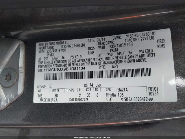 Продаж на аукціоні авто 2014 Ford Escape Titanium, vin: 1FMCU9JX9EUD81134, номер лоту: 45955883