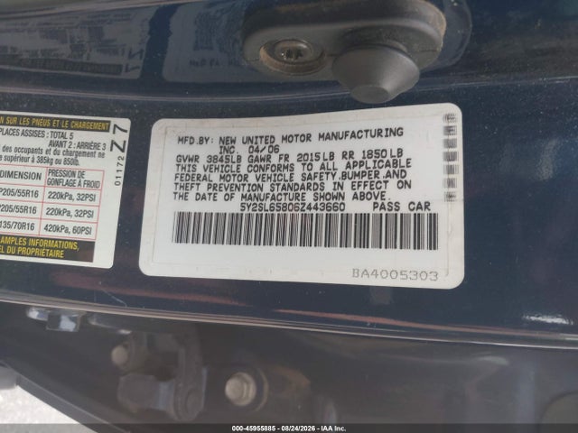 45955885 :رقم المزاد ، 5Y2SL65806Z443660 vin ، 2006 Pontiac Vibe مزاد بيع