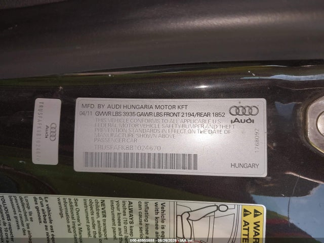 45955888 :رقم المزاد ، TRUSFAFK8B1024670 vin ، 2011 Audi Tt 2.0t Premium Plus مزاد بيع