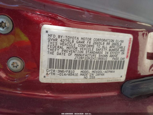 1999 Toyota Camry Le V6 მანქანა იყიდება აუქციონზე, vin: JT2BF22K2X0186810, აუქციონის ნომერი: 45955889