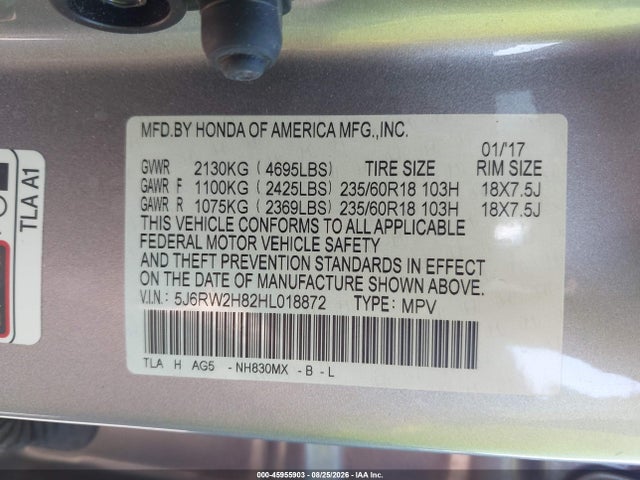 Продажа на аукционе авто 2017 Honda Cr-v Ex-l/ex-l Navi, vin: 5J6RW2H82HL018872, номер лота: 45955903