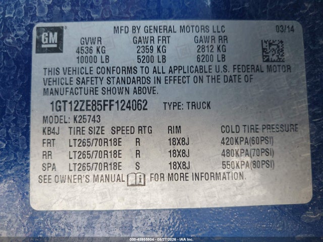 Aukcja sprzedaży 2015 Gmc Sierra 2500hd Slt, vin: 1GT12ZE85FF124062, numer aukcji: 45955904