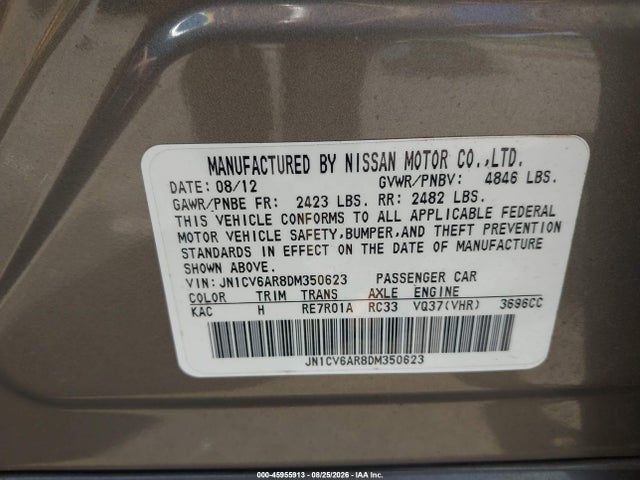Aukcja sprzedaży 2013 Infiniti G37x, vin: JN1CV6AR8DM350623, numer aukcji: 45955913