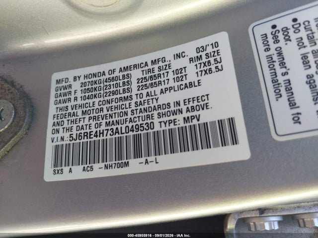 Aukcja sprzedaży 2010 Honda Cr-v Ex-l, vin: 5J6RE4H73AL049530, numer aukcji: 45955916