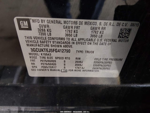 45955922 :رقم المزاد ، 3GCUKTEJ5FG412790 vin ، 2015 Chevrolet Silverado 1500 High Country مزاد بيع