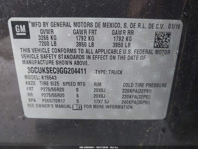45955941 :رقم المزاد ، 3GCUKSEC9GG204411 vin ، 2016 Chevrolet Silverado 1500 Ltz مزاد بيع