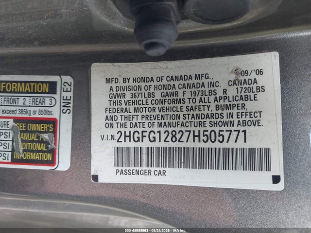 2007 Honda Civic Ex მანქანა იყიდება აუქციონზე, vin: 2HGFG12827H505771, აუქციონის ნომერი: 45955963