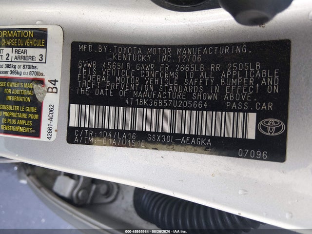 45955964 :رقم المزاد ، 4T1BK36B57U205664 vin ، 2007 Toyota Avalon Xls مزاد بيع