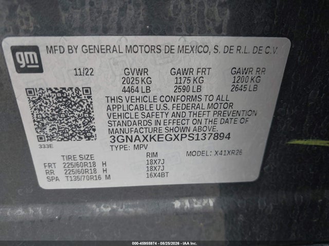 45955974 :رقم المزاد ، 3GNAXKEGXPS137894 vin ، 2023 Chevrolet Equinox Fwd Lt مزاد بيع