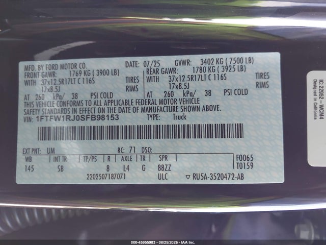 Продаж на аукціоні авто 2025 Ford F-150 Raptor, vin: 1FTFW1RJ0SFB98153, номер лоту: 45955983