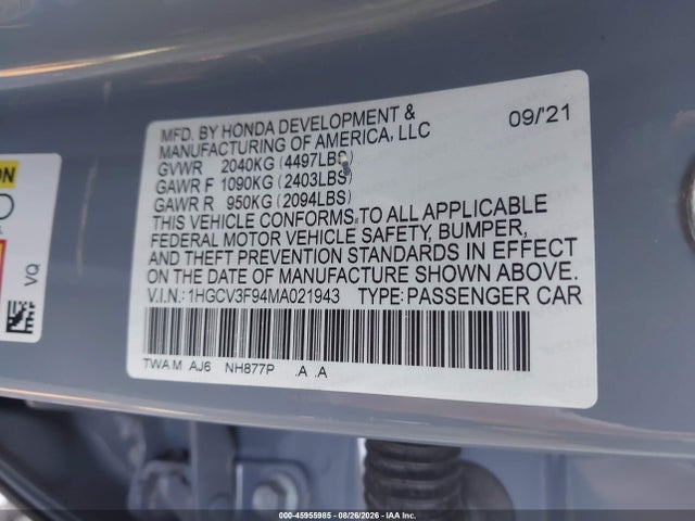 Aukcja sprzedaży 2021 Honda Accord Hybrid Touring, vin: 1HGCV3F94MA021943, numer aukcji: 45955985