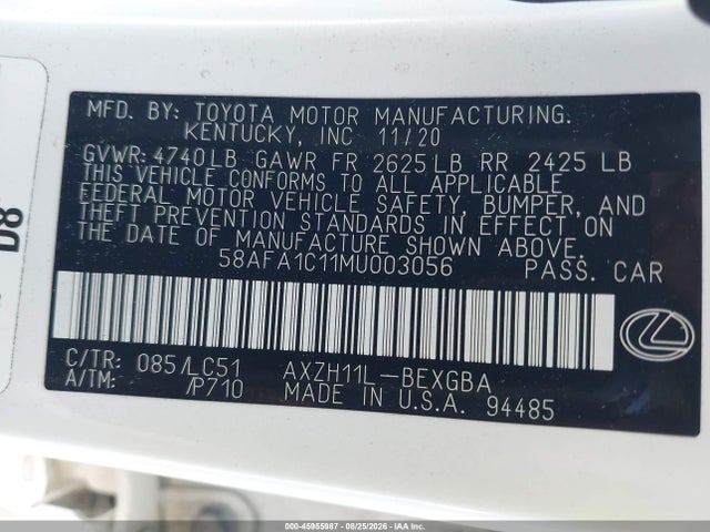 45955987 :رقم المزاد ، 58AFA1C11MU003056 vin ، 2021 Lexus Es 300h Ultra Luxury مزاد بيع