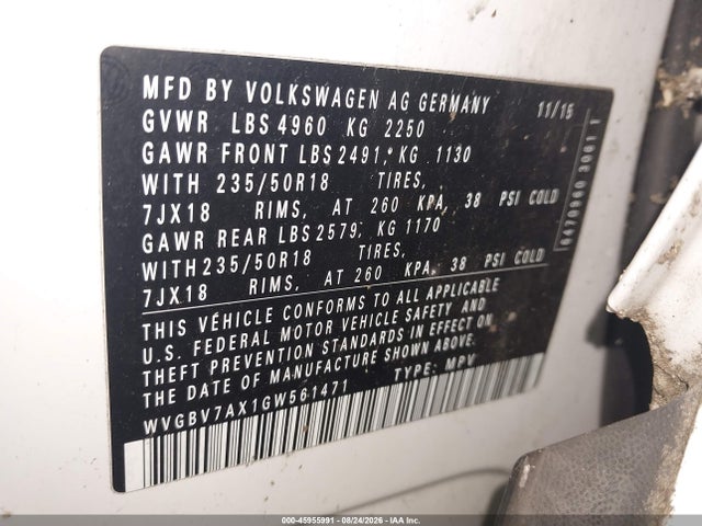 45955991 :رقم المزاد ، WVGBV7AX1GW561471 vin ، 2016 Volkswagen Tiguan Se مزاد بيع