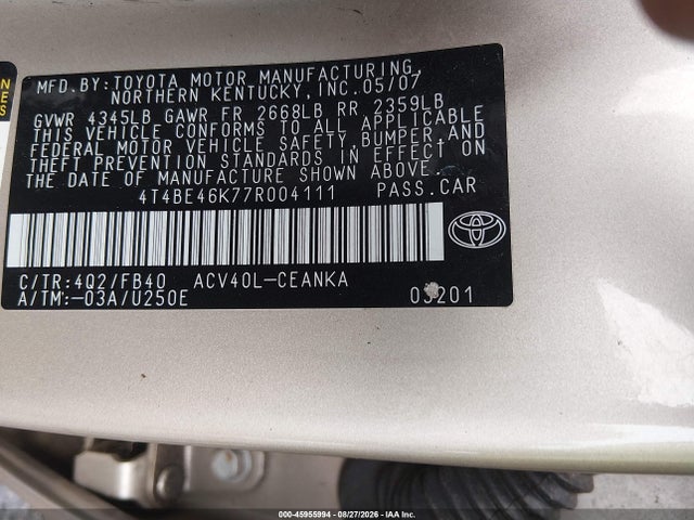 Aukcja sprzedaży 2007 Toyota Camry Le, vin: 4T4BE46K77R004111, numer aukcji: 45955994