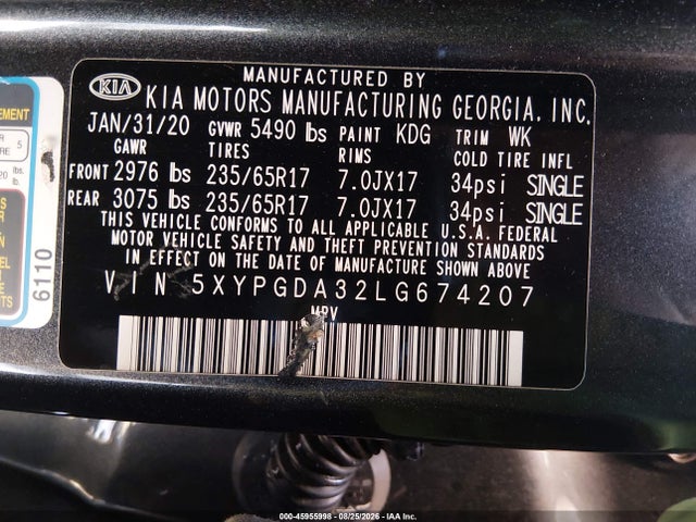 45955998 :رقم المزاد ، 5XYPGDA32LG674207 vin ، 2020 Kia Sorento 2.4l Lx مزاد بيع