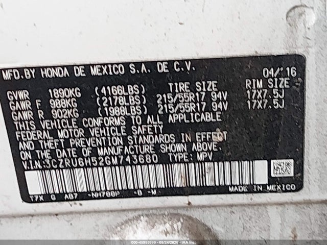 Honda HR-V EX 2016 3CZRU6H52GM743680 Image 9