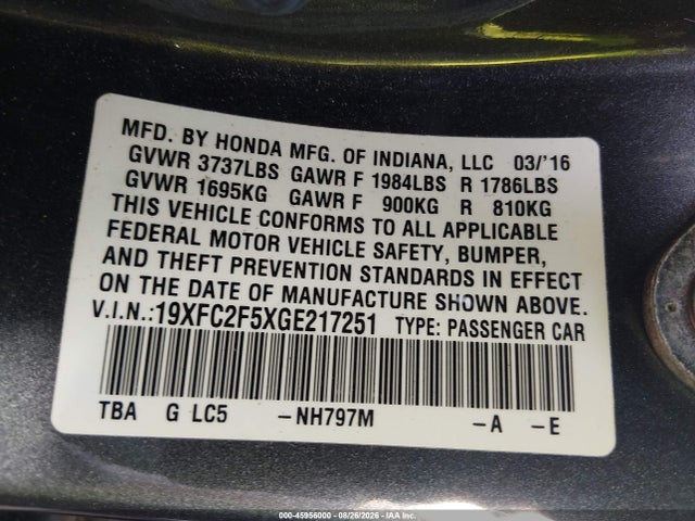Продаж на аукціоні авто 2016 Honda Civic Lx, vin: 19XFC2F5XGE217251, номер лоту: 45956000