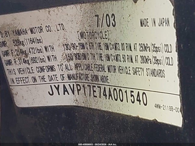 Продажа на аукционе авто 2004 Yamaha Xv1700 A, vin: JYAVP17E74A001540, номер лота: 45956003