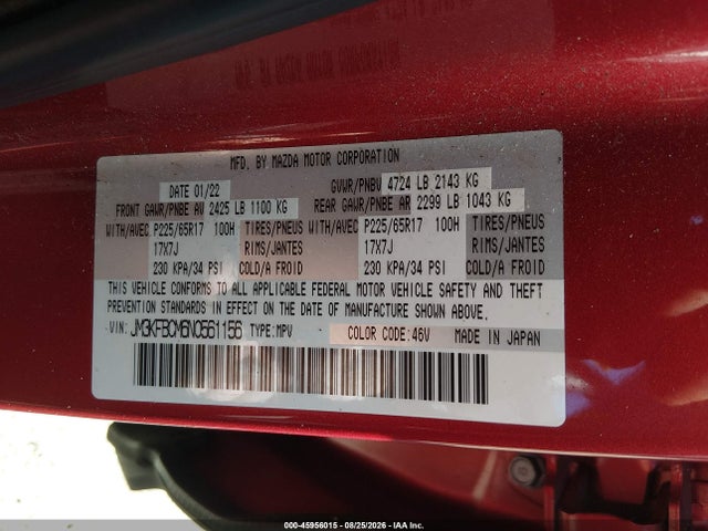Продаж на аукціоні авто 2022 Mazda Cx-5 2.5 S Preferred, vin: JM3KFBCM6N0561156, номер лоту: 45956015