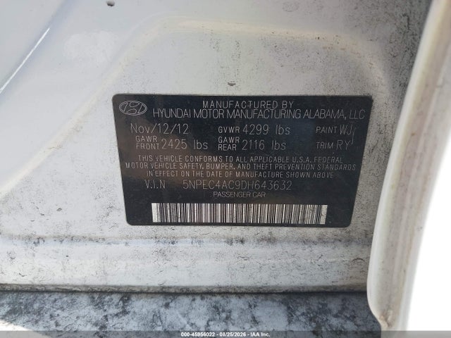 Aukcja sprzedaży 2013 Hyundai Sonata Se, vin: 5NPEC4AC9DH643632, numer aukcji: 45956022
