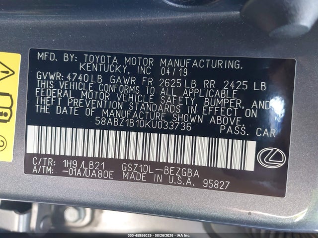 45956029 :رقم المزاد ، 58ABZ1B10KU033736 vin ، 2019 Lexus Es 350 Luxury مزاد بيع