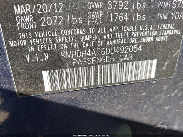 45956030 :رقم المزاد ، KMHDH4AE6DU492054 vin ، 2013 Hyundai Elantra Gls مزاد بيع