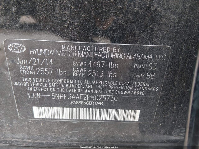 45956034 :رقم المزاد ، 5NPE34AF2FH025730 vin ، 2015 Hyundai Sonata Limited مزاد بيع