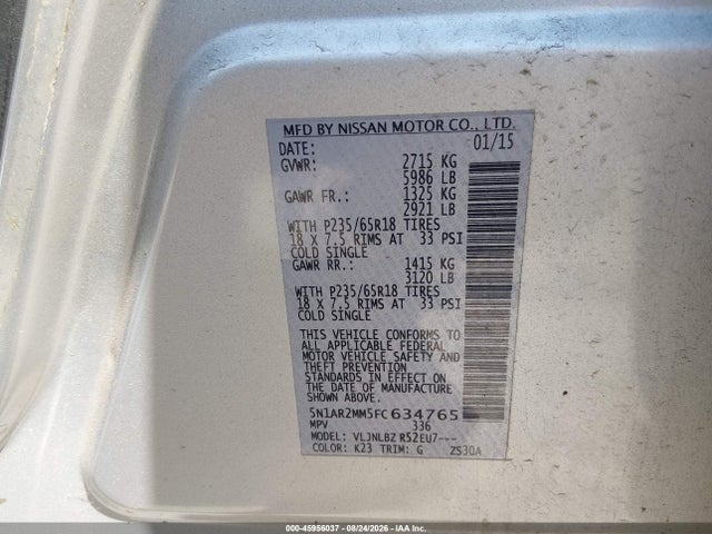 45956037 :رقم المزاد ، 5N1AR2MM5FC634765 vin ، 2015 Nissan Pathfinder S مزاد بيع