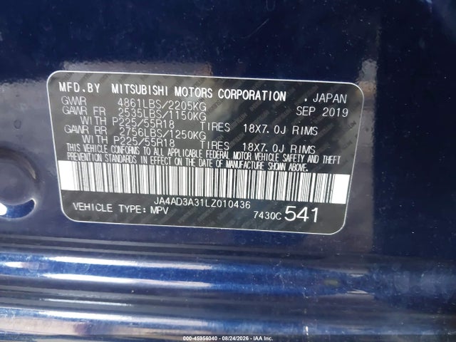 2020 Mitsubishi Outlander Se 2.4 მანქანა იყიდება აუქციონზე, vin: JA4AD3A31LZ010436, აუქციონის ნომერი: 45956040