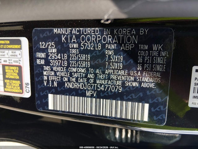 Продажа на аукционе авто 2026 Kia Sorento Hybrid Ex, vin: KNDRHDJG7T5477079, номер лота: 45956058