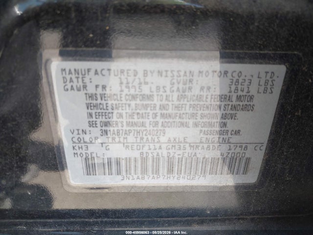 Продажа на аукционе авто 2017 Nissan Sentra Sv, vin: 3N1AB7AP7HY240279, номер лота: 45956063