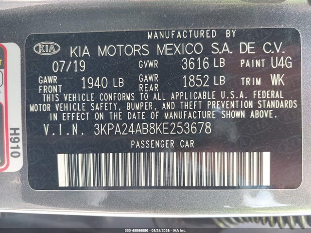 Aukcja sprzedaży 2019 Kia Rio S, vin: 3KPA24AB8KE253678, numer aukcji: 45956080