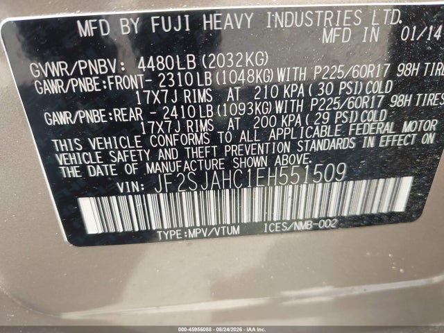 Продаж на аукціоні авто 2014 Subaru Forester 2.5i Limited, vin: JF2SJAHC1EH551509, номер лоту: 45956088