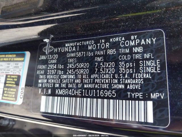 Продаж на аукціоні авто 2020 Hyundai Palisade Sel, vin: KM8R4DHE1LU116965, номер лоту: 45956097