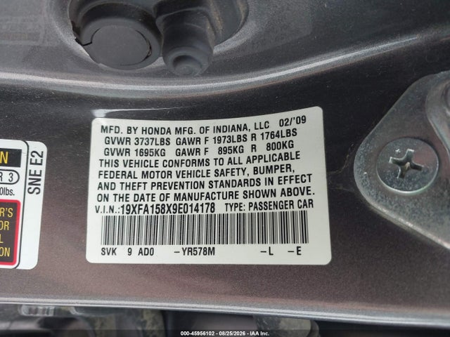 45956102 :رقم المزاد ، 19XFA158X9E014178 vin ، 2009 Honda Civic Ex مزاد بيع