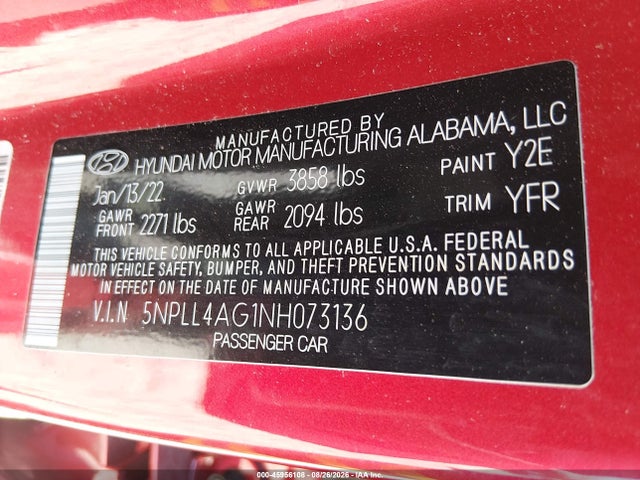 45956108 :رقم المزاد ، 5NPLL4AG1NH073136 vin ، 2022 Hyundai Elantra Se مزاد بيع