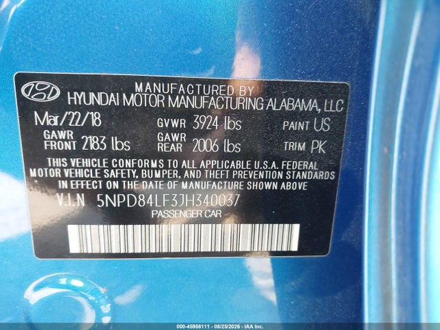 45956111 :رقم المزاد ، 5NPD84LF3JH340037 vin ، 2018 Hyundai Elantra Sel مزاد بيع