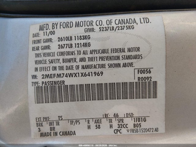 2001 Mercury Grand Marquis Gs მანქანა იყიდება აუქციონზე, vin: 2MEFM74WX1X641969, აუქციონის ნომერი: 45956115