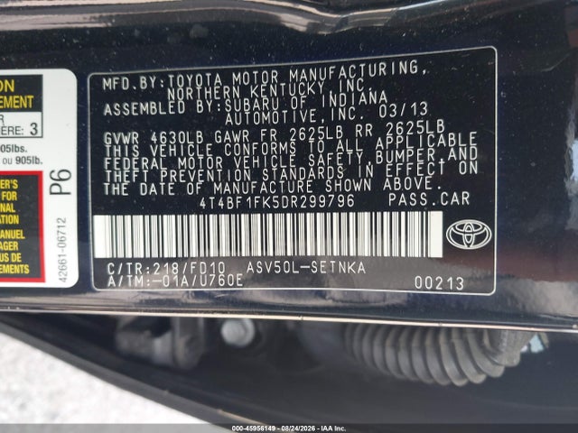 2013 Toyota Camry Le მანქანა იყიდება აუქციონზე, vin: 4T4BF1FK5DR299796, აუქციონის ნომერი: 45956149